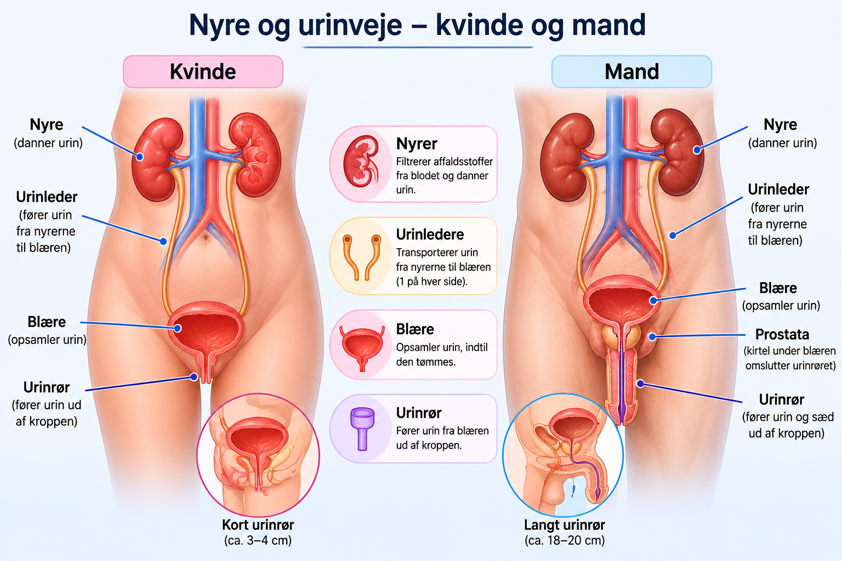 Billede som viser urinvejene ved mand og kvinde